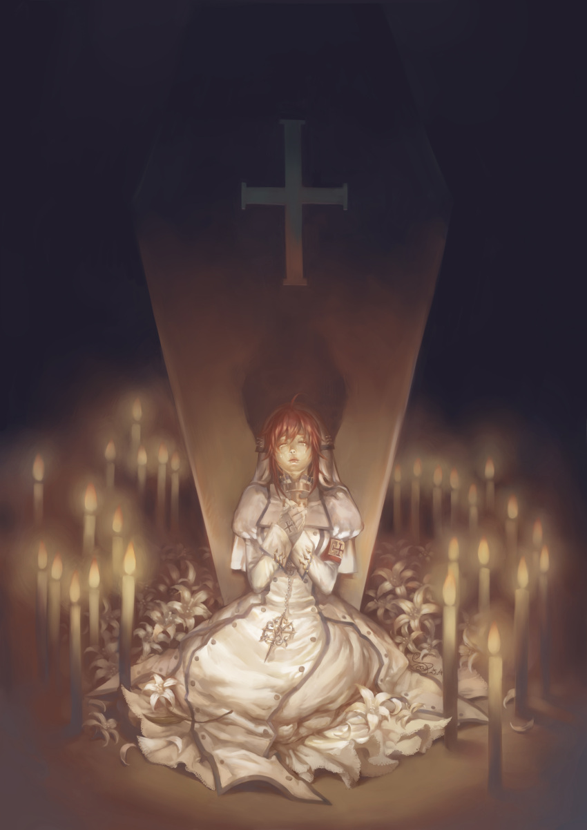 1girl absurdres ahoge candle closed_eyes cross esther_blanchett flower highres lily_(flower) redhead solo spade-m trinity_blood