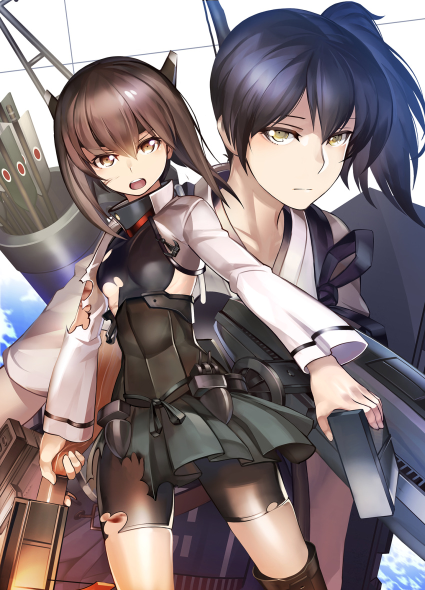 &gt;:o 2girls :o bike_shorts blood bow_(weapon) breasts brown_eyes brown_hair commentary_request cowboy_shot crossbow donarudo headband headgear highres holding holding_weapon injury japanese_clothes kaga_(kantai_collection) kantai_collection looking_at_viewer magazine_(weapon) multiple_girls muneate open_mouth pleated_skirt quiver serious shirt side_ponytail skirt small_breasts taihou_(kantai_collection) tasuki torn_clothes torn_shirt torn_skirt under_boob weapon