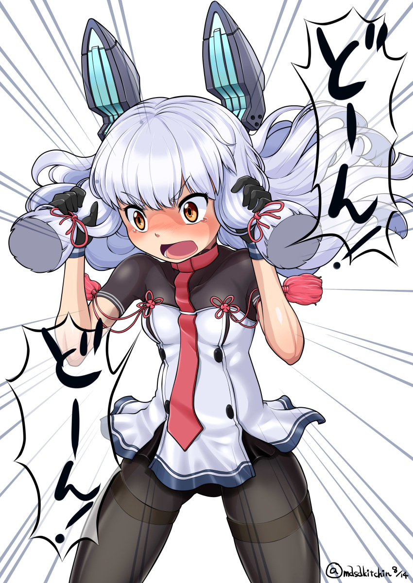 &gt;:o 1girl :o absurdres bangs black_legwear blunt_bangs commentary_request cowboy_shot dated emphasis_lines gloves hair_grab hair_ribbon headgear highres holding_hair kantai_collection long_hair masakichi_(heppouku) murakumo_(kantai_collection) necktie open_mouth orange_eyes pantyhose ribbon sailor_dress short_sleeves silver_hair simple_background small_breasts solo thighband_pantyhose translation_request twitter_username white_background
