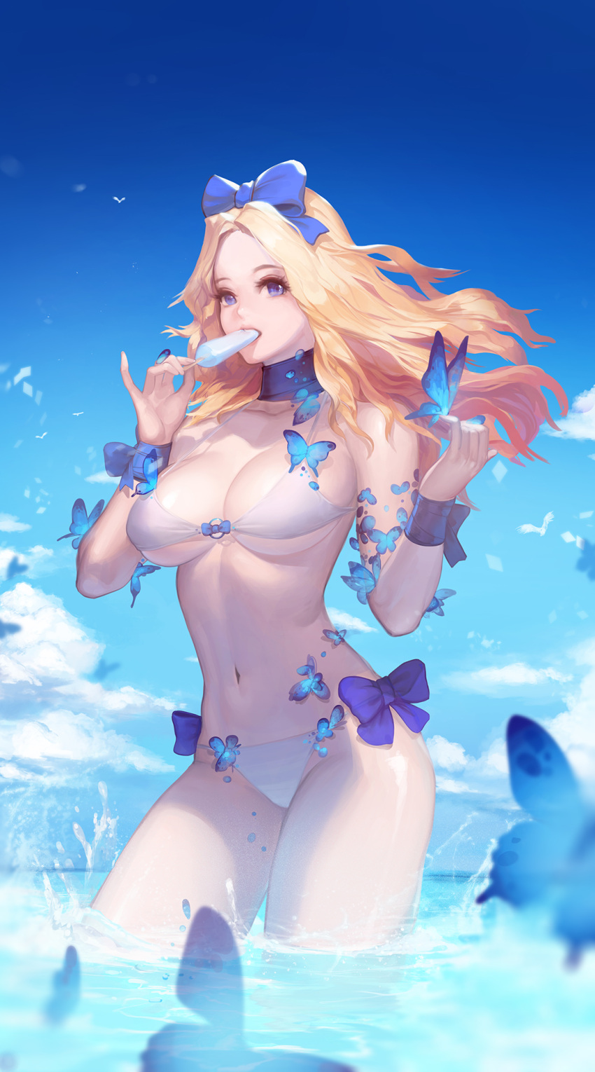 1girl bikini blonde_hair blue_eyes bow breasts butterfly hair_bow highres instant_ip long_hair navel o-ring_top original pinky_out popsicle solo swimsuit thighs water