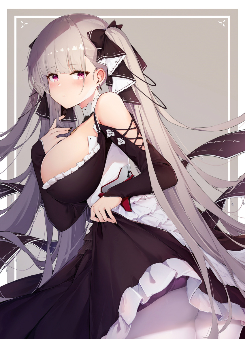 1girl absurdres azur_lane bangs bare_shoulders between_breasts black_dress black_nails blush breasts cowboy_shot dress earrings eyebrows_visible_through_hair flight_deck formidable_(azur_lane) frilled_dress frills grey_hair hair_ribbon hand_up highres jewelry jun.bit large_breasts long_hair long_sleeves looking_at_viewer pantyhose red_eyes ribbon rigging skirt_hold solo twintails two-tone_dress two-tone_ribbon very_long_hair white_legwear