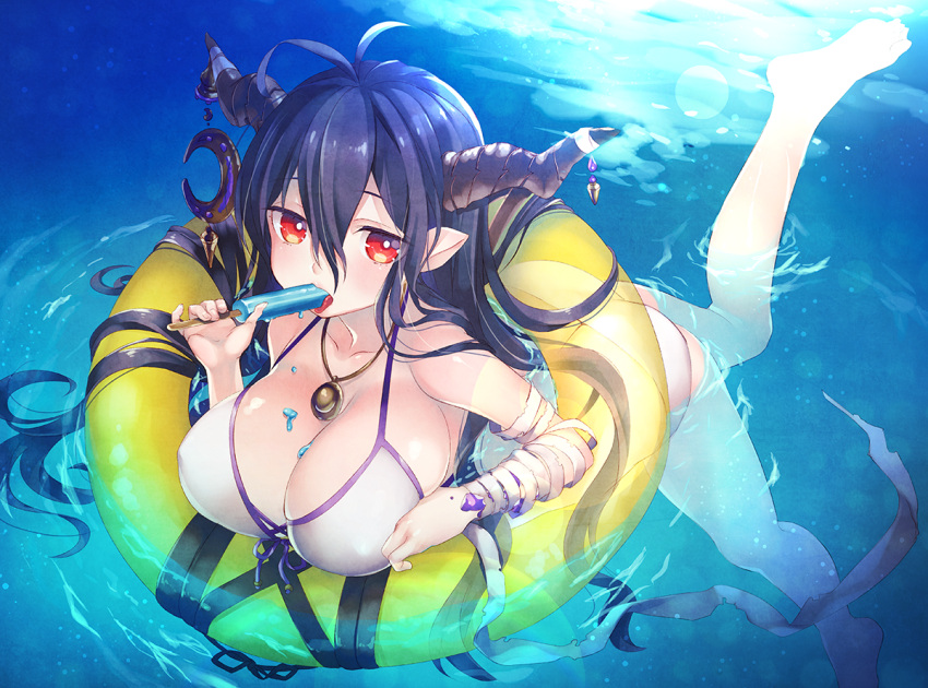 1girl afloat bandages bikini black_hair breasts cleavage crescent danua floating_hair granblue_fantasy horn_ornament horns innertube jewelry large_breasts long_hair messy namanie necklace pendant pointy_ears popsicle red_eyes solo swimsuit tongue tongue_out water white_bikini white_swimsuit