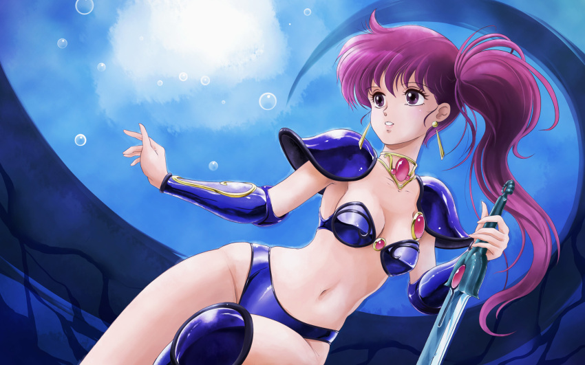 1girl armor asagiri_youko bikini_armor boots breasts bubble cleavage earrings genmu_senki_leda highres jewelry knee_boots long_hair navel oldschool open_mouth pauldrons purple_hair side_ponytail small_breasts solo sword tamanegiinyo underwater vambraces violet_eyes weapon