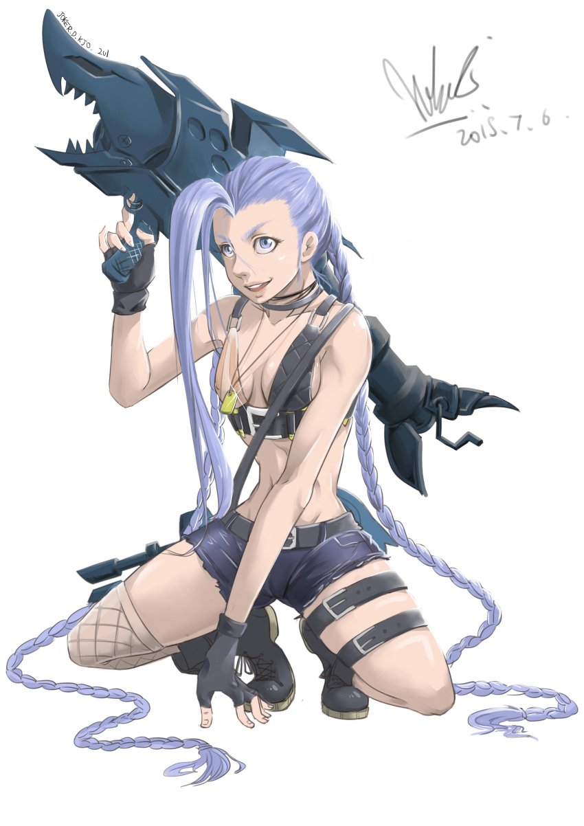 1girl absurdres ahoge belt blue_eyes blue_hair boots braid breasts bullet combat_boots dog_tags eyelashes full_body highres huge_ahoge jinx_(league_of_legends) joker.d.kjo. league_of_legends lips long_hair midriff nose parted_lips rocket_launcher shorts sideboob signature small_breasts smile solo squatting twin_braids very_long_hair weapon