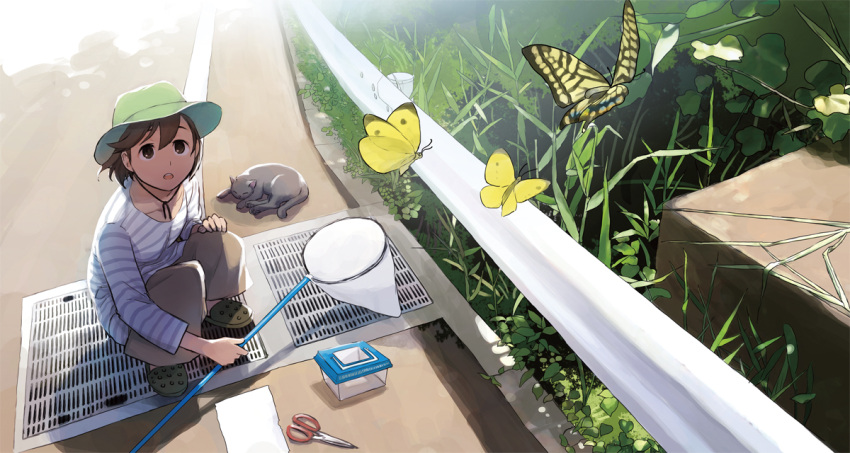 1girl brown_eyes brown_hair butterfly butterfly_net cat collarbone crocs from_above grass hand_net hat insect_cage looking_up morifumi open_mouth original road scissors shadow short_hair solo squatting street wind