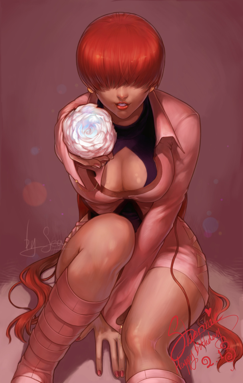1girl artist_name boots breasts character_name cleavage cleavage_cutout cropped_jacket earrings flower hair_over_eyes happy_birthday highres jewelry king_of_fighters large_breasts leotard lips long_hair nail_polish nose outstretched_arm redhead rose shermie sitting solo spade-m