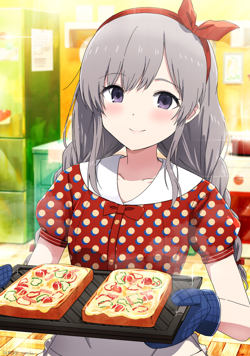 1girl absurdres apron blush bow bowtie braid bread bread_slice closed_mouth collarbone collared_shirt commentary_request dress_shirt food frilled_apron frills grey_hair hair_ribbon hairband highres holding idolmaster idolmaster_shiny_colors indoors long_hair looking_at_viewer low_twintails misaki_nonaka oven_mitts polka_dot polka_dot_shirt puffy_short_sleeves puffy_sleeves red_bow red_bowtie red_hairband red_ribbon red_shirt ribbon shirt short_sleeves sidelocks smile solo toast twin_braids twintails violet_eyes waist_apron white_apron yukoku_kiriko