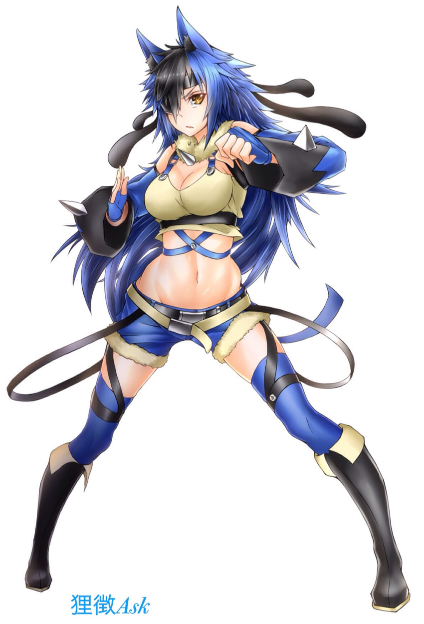 1girl animal_ears artist_name belt black_boots black_hair blue_hair blue_legwear boots breasts cleavage detached_sleeves eyepatch fingerless_gloves gloves highres lucario midriff multicolored_hair navel one_eye_covered personification pokemon solo spikes tanukicho_ask thigh-highs two-tone_hair white_background yellow_eyes
