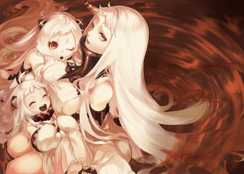 3girls ahoge airfield_hime breasts detached_sleeves dress fumizuki horn horns kantai_collection long_hair mittens multiple_girls northern_ocean_hime open_mouth pale_skin red_eyes ripples seaport_hime shinkaisei-kan white_dress white_hair