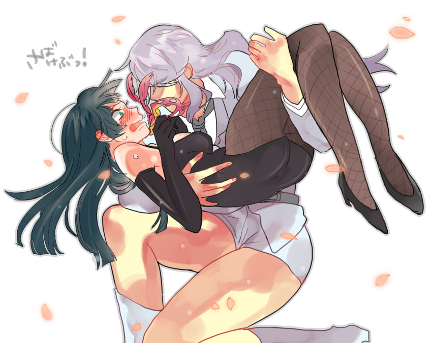 2girls black_gloves black_hair blush bunnysuit carrying cherry_blossoms detached_sleeves elbow_gloves eye_contact gloves high_heels highres isurugi_yayoi long_hair looking_at_another mask mask_removed multiple_girls ootori_miou pantyhose princess_carry sabagebu! shorts simple_background white_background white_hair yuri