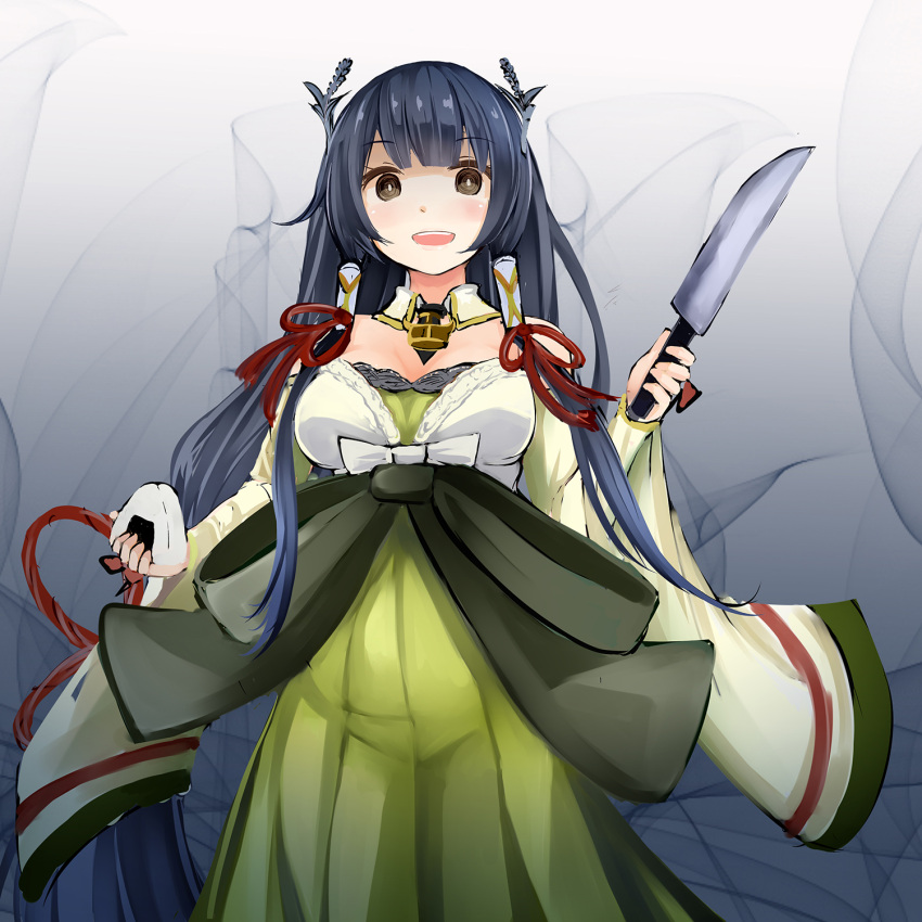 1girl black_hair blush bow breasts brown_eyes cowboy_shot detached_sleeves dress gradient gradient_background green_dress grey_eyes hair_tubes highres holding holding_knife irohasu kantai_collection knife large_bow long_hair looking_at_viewer mizuho_(kantai_collection) open_mouth smile solo very_long_hair yandere