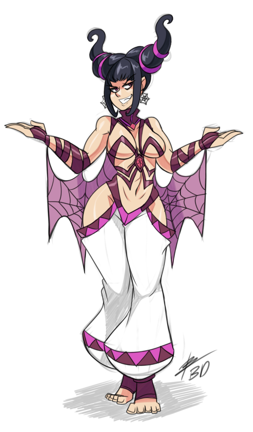 1girl alternate_costume arm_ribbon baggy_pants bare_shoulders barefoot bigdead93 black_hair breasts cape contrapposto earrings full_body han_juri highres hip_vent jewelry large_breasts navel pants revealing_clothes ribbon short_twintails sidelocks solo spider_web_print standing street_fighter street_fighter_iv super_street_fighter_iv toeless_socks twintails violet_eyes wide_hips