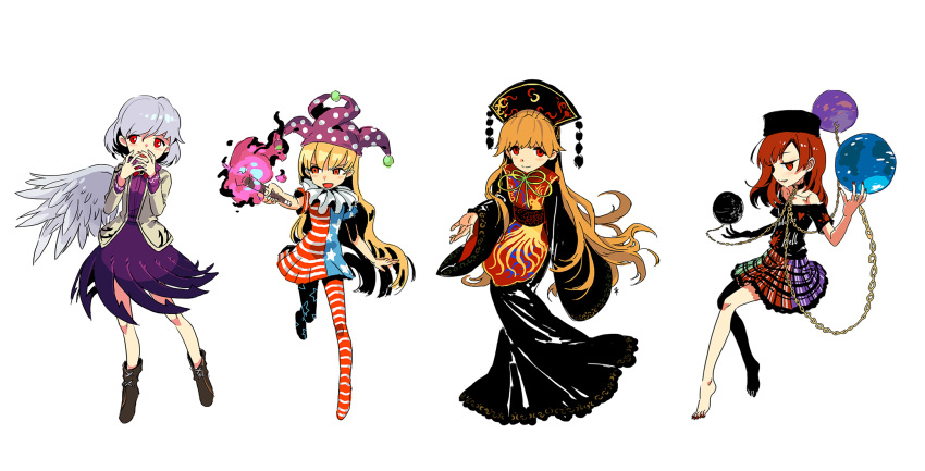 4girls american_flag_legwear american_flag_shirt bare_shoulders barefoot black_dress black_shirt blonde_hair blood blood_splatter boots clownpiece collar covering_mouth crescent_moon dress ears earth_(ornament) gold_chain grey_jacket hat heart hecatia_lapislazuli highres junko_(touhou) kishin_sagume laughing legacy_of_lunatic_kingdom legs lineup long_hair long_sleeves looking_at_viewer looking_to_the_side moon moon_(ornament) multiple_girls nail_polish no_legwear off_shoulder open_mouth purple_dress red_eyes red_nails redhead ribbon running seeker shirt short_dress silver_hair simple_background single_wing skirt tagme torch touhou traditional_clothes very_long_hair white_background wide_sleeves wings
