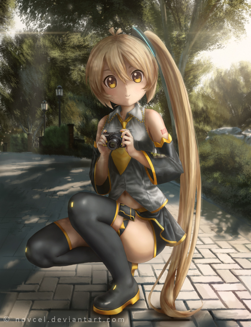 1girl akita_neru blonde_hair boots brick bush camera canon_(company) detached_sleeves highres lamppost looking_at_viewer nail_polish navel necktie novcel outdoors side_ponytail smile solo squatting sunlight thigh-highs thigh_boots thighs tree vocaloid watermark yellow_eyes