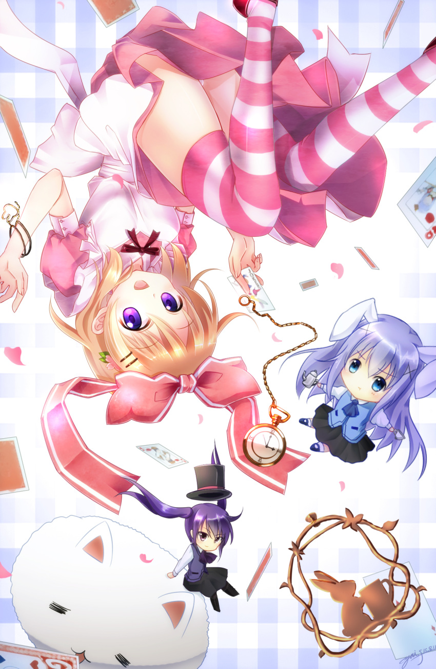 3girls animal_ears blonde_hair blue_eyes bow card cat character_request chibi chocolate cup gochuumon_wa_usagi_desu_ka? hair_bow hat highres hoto_cocoa multiple_girls open_mouth plaid plaid_background playing_card purple_hair rabbit red_shoes shoes signature striped striped_legwear teacup teapot thigh-highs top_hat twintails upside-down upskirt violet_eyes watch wristband yuitsuki1206
