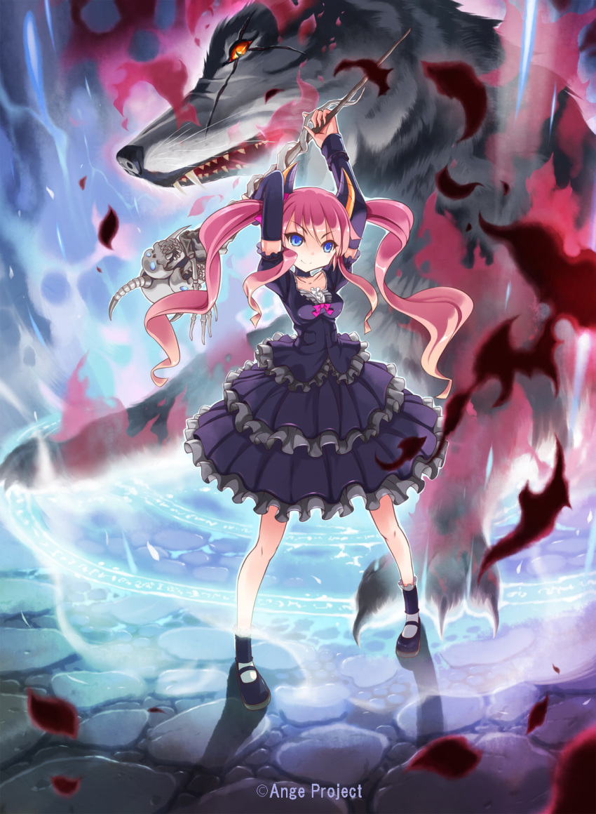 1girl arms_up blue_eyes detached_sleeves dress fangs highres horns kankurou long_hair magic magic_circle mary_janes monster original pink_hair scar shoes skull smile staff summoning twintails weapon wolf