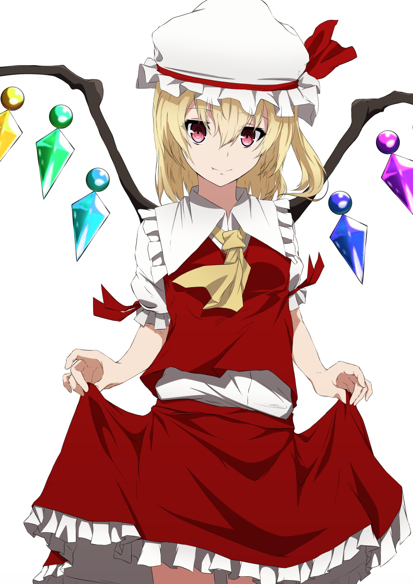 1girl absurdres aono_meri ascot asymmetrical_hair asymmetrical_wings blonde_hair crystal fang fang_out flandre_scarlet frills hair_between_eyes hat hat_ribbon highres looking_at_viewer mob_cap puffy_sleeves red_eyes ribbon shirt short_hair short_sleeves side_ponytail simple_background skirt skirt_hold skirt_set smile solo touhou vest white_background wings