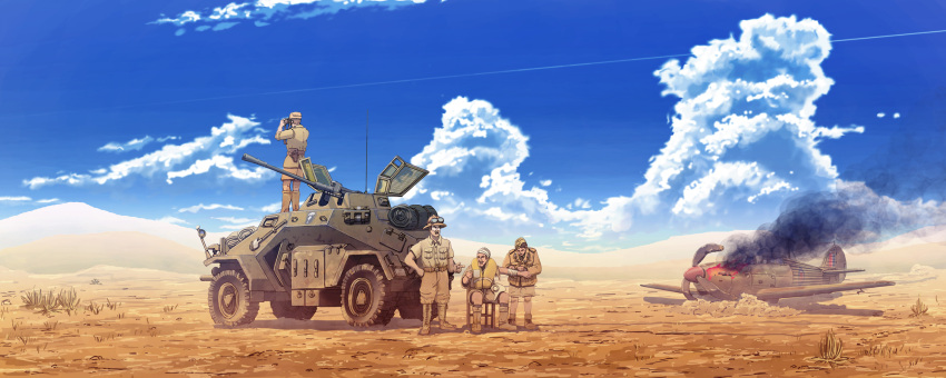 3boys afrika_korps aircraft airplane armored_vehicle bandages binoculars blue_sky cannon clouds coffee damaged desert earasensha fire goggles gun hat highres iron_cross machine_gun military military_uniform military_vehicle multiple_boys original sdkfz_222 sky turret uniform vehicle weapon world_war_ii