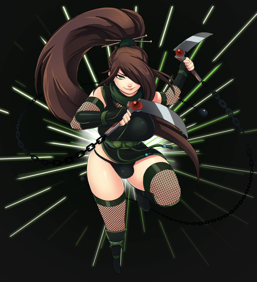 1girl ball_and_chain black_panties breasts brown_hair bulge chain character_request dual_wielding fishnet_legwear fishnets greaves green_eyes greenmarine hair_ornament hair_over_one_eye hair_stick highres implied_futanari incoming_attack japanese_clothes kama_(weapon) large_breasts long_hair ninja panties ponytail scarf sickle skindentation smile solo speed_lines thigh-highs underwear very_long_hair