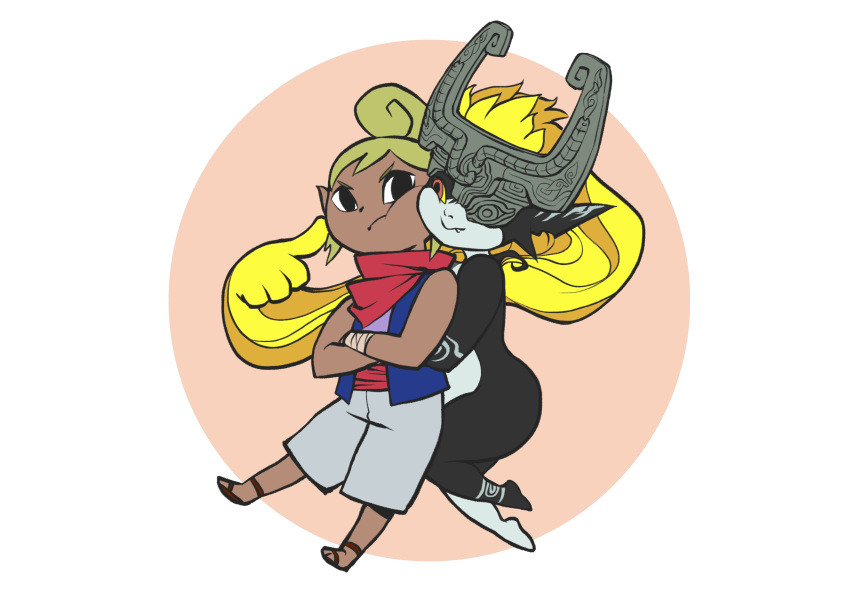 2girls absurdres blonde_hair cheek_poking company_connection crossed_arms crossover dark_skin fang helmet highres hug hug_from_behind imp midna multiple_girls neckerchief nintendo pointy_ears poking pokkuti pout prehensile_hair red_eyes shorts tetra the_legend_of_zelda the_legend_of_zelda:_the_wind_waker the_legend_of_zelda:_twilight_princess vest yellow_sclera