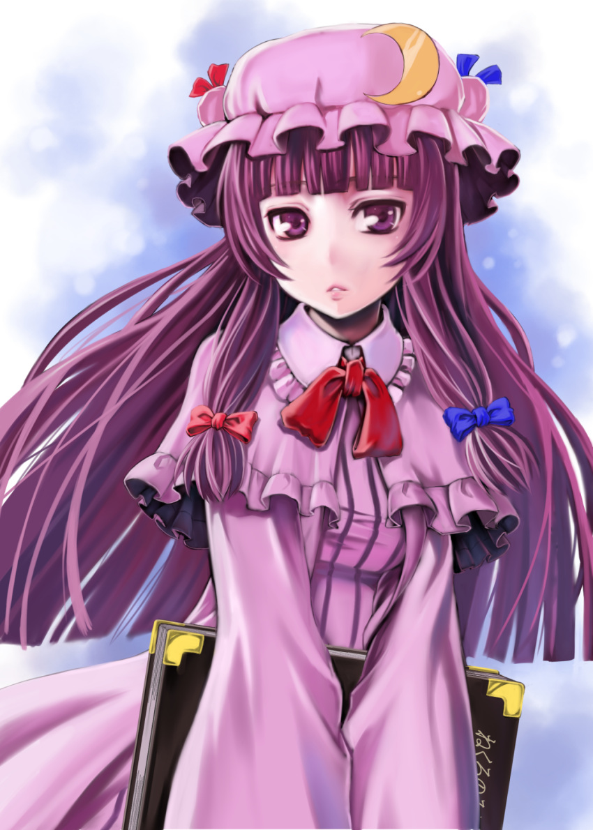 1girl bangs blue_ribbon blunt_bangs book capelet crescent crescent_hair_ornament double_bun frilled_sleeves frills grimoire hair_ornament hat hat_ribbon highres holding holding_book long_hair looking_at_viewer mob_cap o223 parted_lips patchouli_knowledge purple_hair red_ribbon ribbon solo touhou very_long_hair violet_eyes