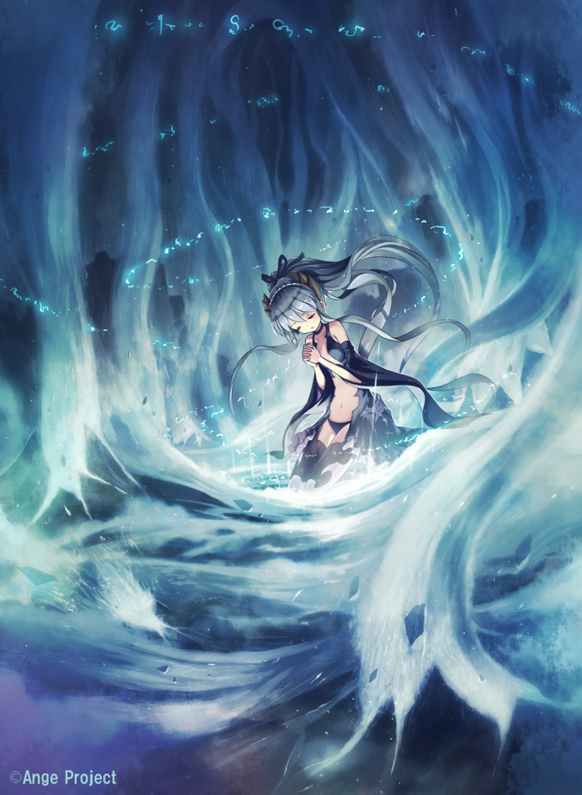 1girl aura closed_eyes detached_sleeves hands_together highres horns kankurou long_hair magic navel original panties ponytail praying ribbon silver_hair solo thigh-highs underwear very_long_hair