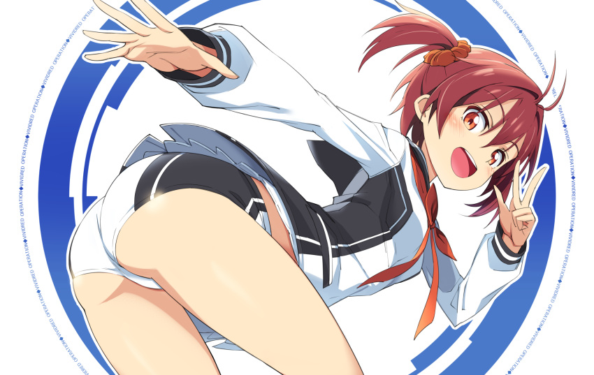 1girl :d antenna_hair ass bent_over blush female highres isshiki_akane looking_at_viewer michairu open_mouth outstretched_arm red_eyes redhead school_uniform scrunchie short_hair short_shorts shorts simple_background smile solo twintails v vividred_operation