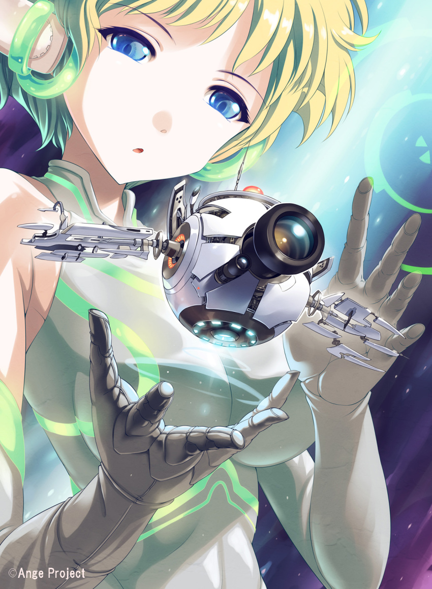 1girl blue_eyes bodysuit breasts camera elbow_gloves flying gloves glowing green_hair hands highres kankurou original robot_ears science_fiction short_hair sleeveless solo video_camera