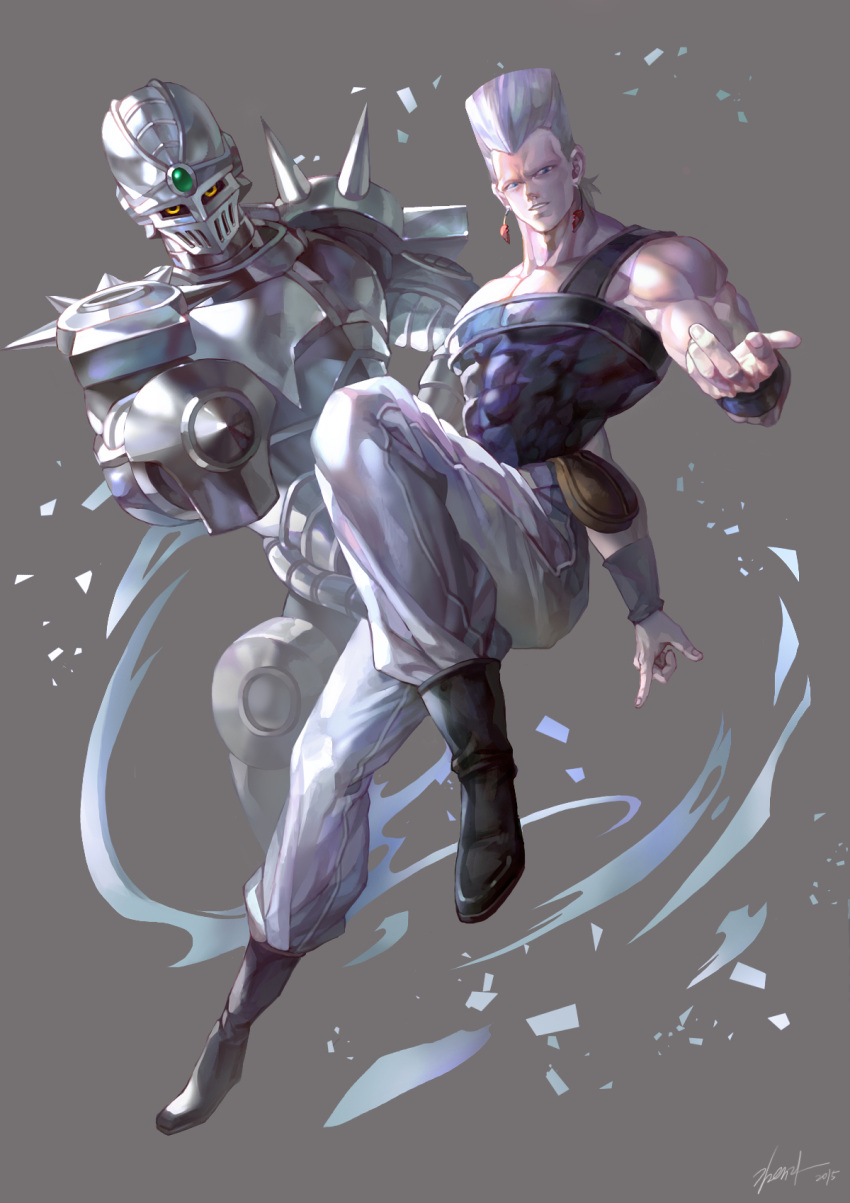 blue_eyes boots dated earrings grey_hair highres jean_pierre_polnareff jewelry jojo_no_kimyou_na_bouken kim_yura_(goddess_mechanic) muscle pointing pointing_at_viewer signature silver_chariot stand_(jojo) wristband