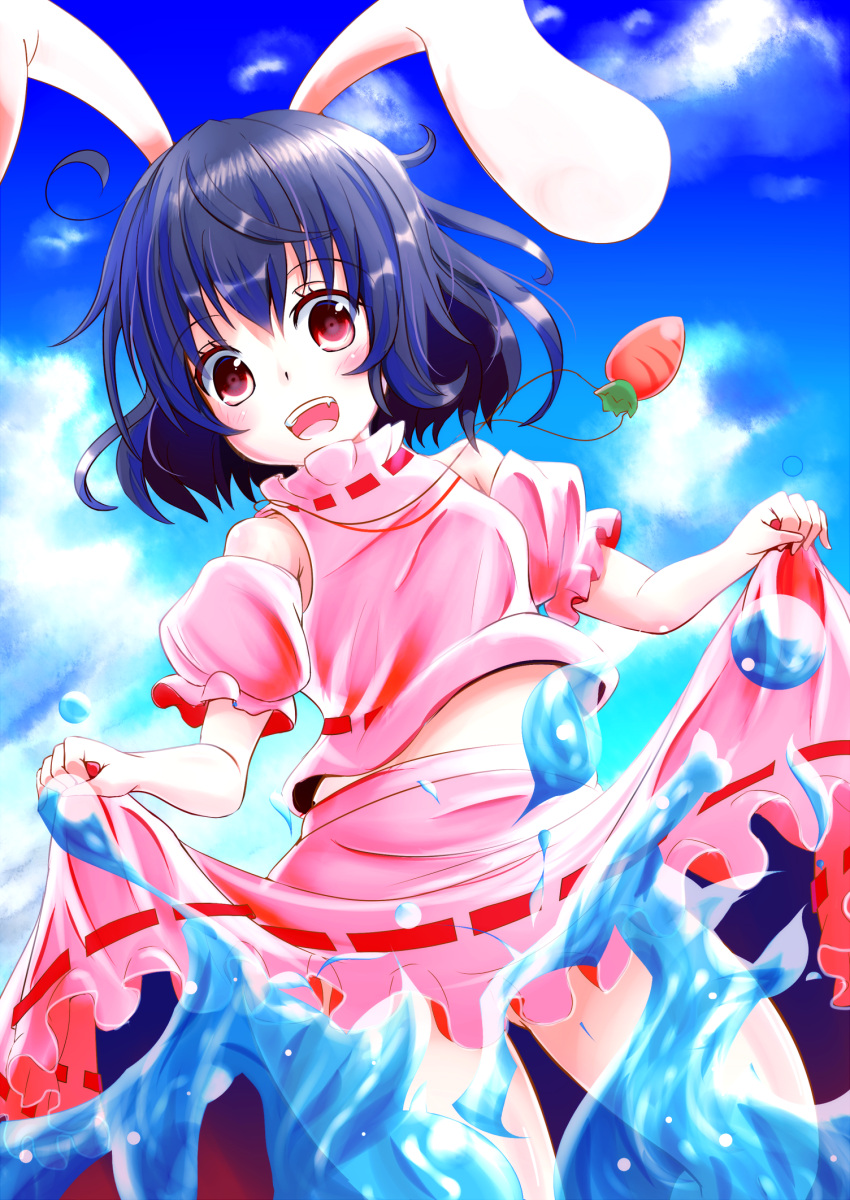1girl adapted_costume alternate_costume animal_ears black_hair blue_sky blush carrot clouds detached_sleeves dutch_angle fang hidamari_(artist) highres inaba_tewi jewelry looking_at_viewer necklace open_mouth partially_submerged puffy_sleeves rabbit_ears red_eyes shirt short_hair short_sleeves skirt skirt_lift sky smile solo touhou water