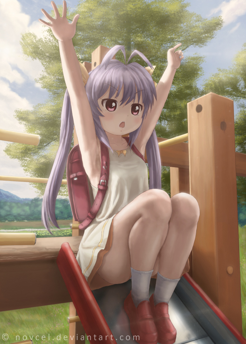 1girl antenna_hair armpits backpack bag chestnut_mouth collarbone grass highres miyauchi_renge non_non_biyori novcel open_mouth outdoors playground purple_hair red_eyes red_shoes shoes slide socks solo thighs tree twintails white_legwear