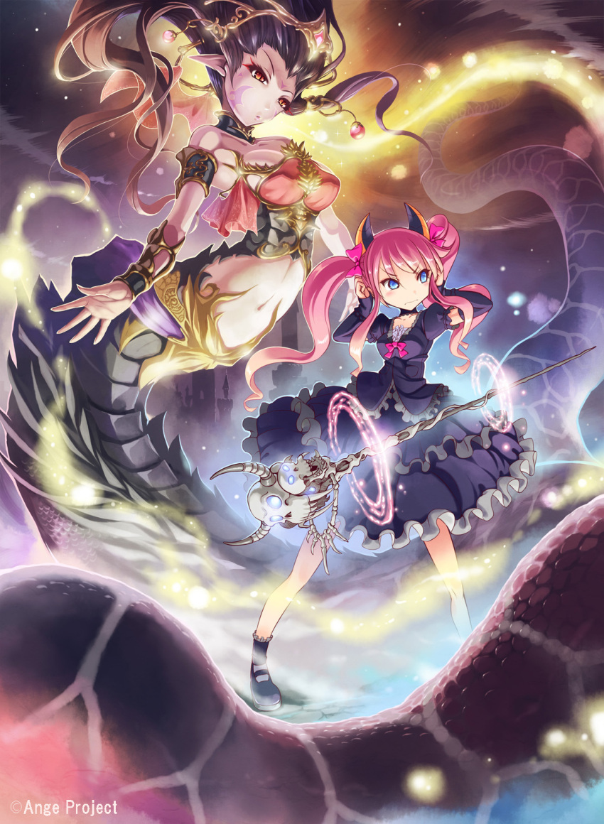 arms_up blue_eyes breasts brown_hair covering_ears detached_sleeves dress hair_ornament highres horns kankurou lamia long_hair magic mary_janes monster monster_girl navel original pink_hair pointy_ears red_eyes ribbon shoes skull staff summoning tiara twintails vambraces weapon