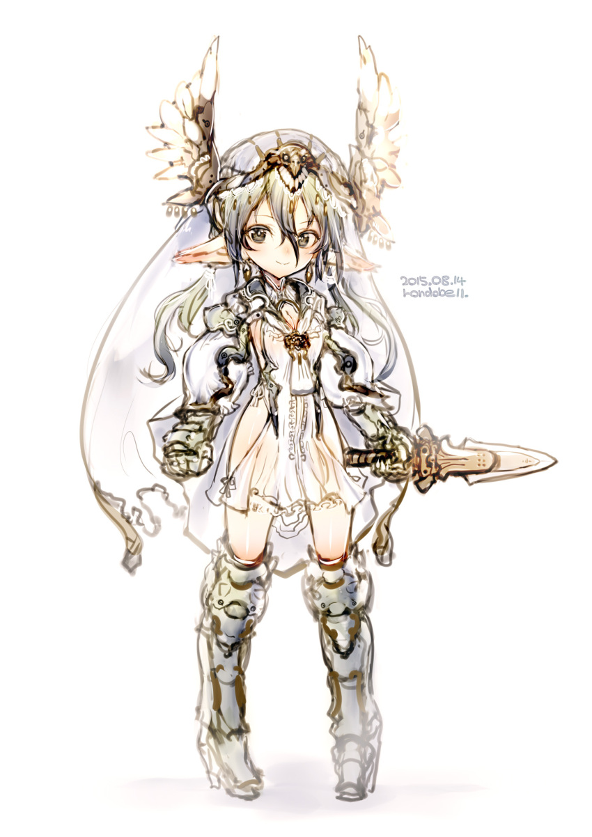 1girl artist_name breasts cleavage dated fantasy full_body gauntlets highres long_hair looking_at_viewer original pointy_ears rondo_bell smile solo standing sword weapon white_background