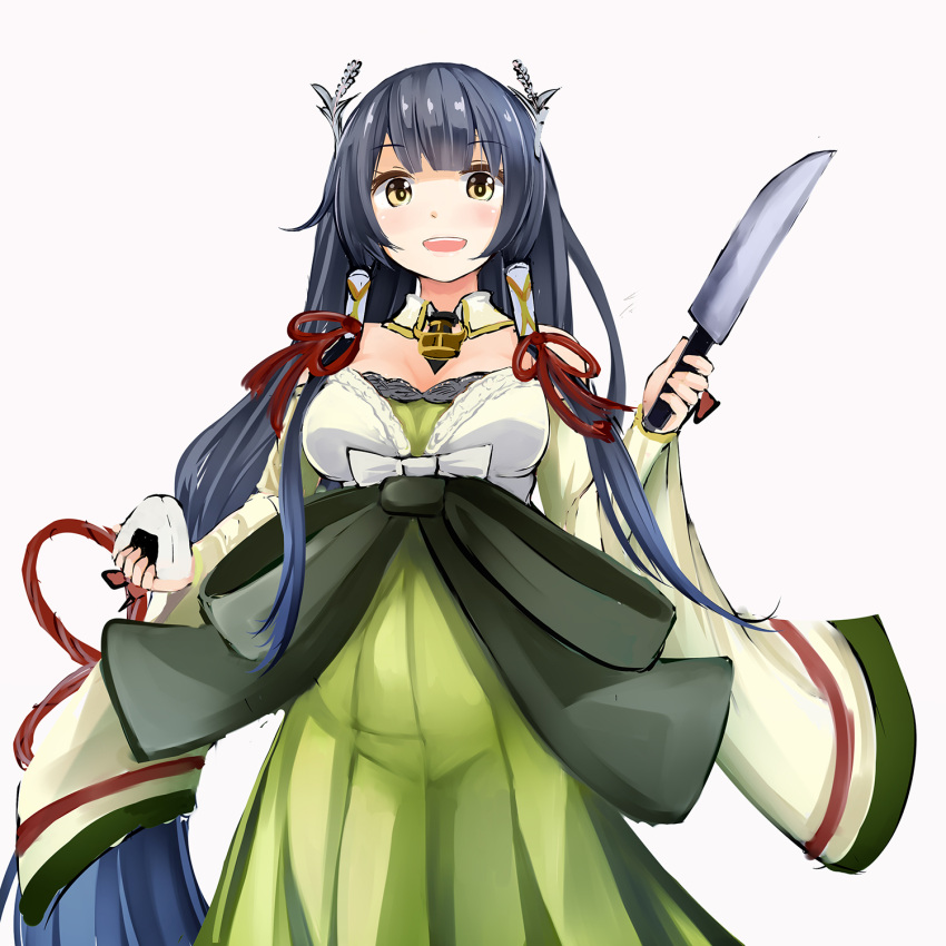 1girl black_hair blush bow breasts brown_eyes cowboy_shot detached_sleeves dress green_dress grey_eyes hair_tubes highres holding holding_knife irohasu kantai_collection knife large_bow long_hair looking_at_viewer mizuho_(kantai_collection) open_mouth smile solo very_long_hair