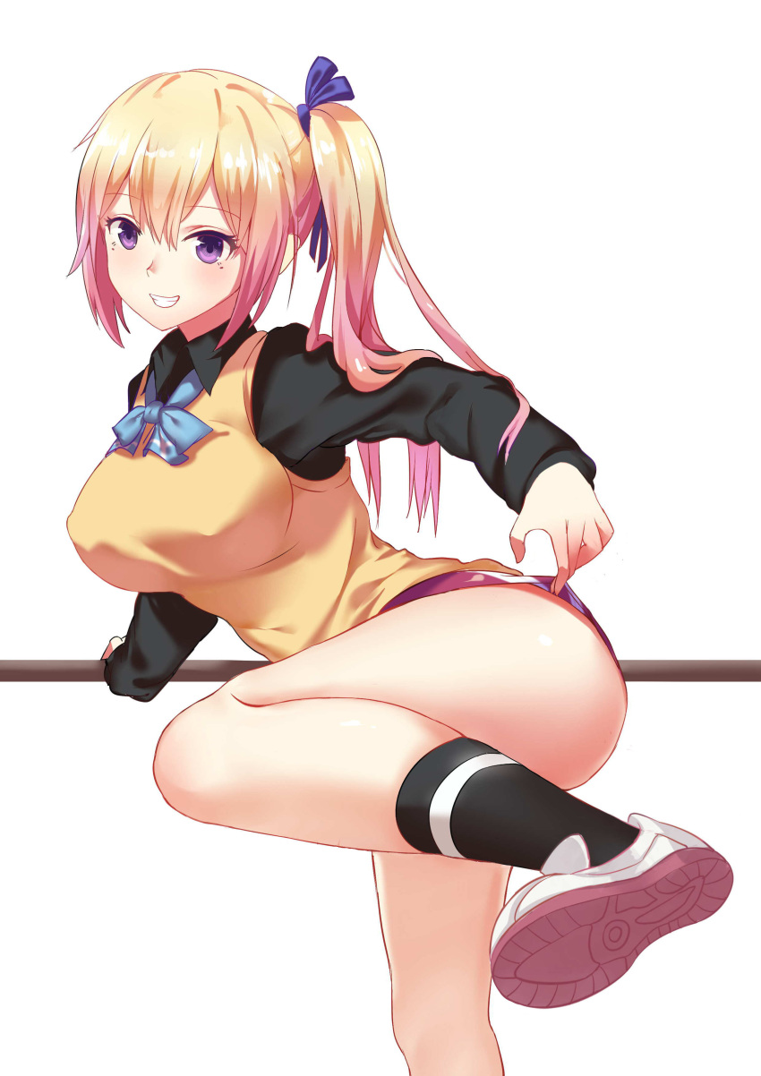 1girl absurdres barre black_shirt blonde_hair blue_bow blue_bowtie blue_ribbon bow bowtie breasts buruma buruma_lift collared_shirt gradient_hair grin hair_ribbon highres holding kawakami_mai kneehighs large_breasts leaning_to_the_side leg_up lifted_by_self long_hair long_sleeves looking_at_viewer mole mole_under_eye multicolored_hair musaigen_no_phantom_world pink_hair pole revision ribbon school_uniform shirt shoes side_ponytail simple_background smile sneakers solo standing_on_one_leg sweater_vest thighs violet_eyes xiao_chichi