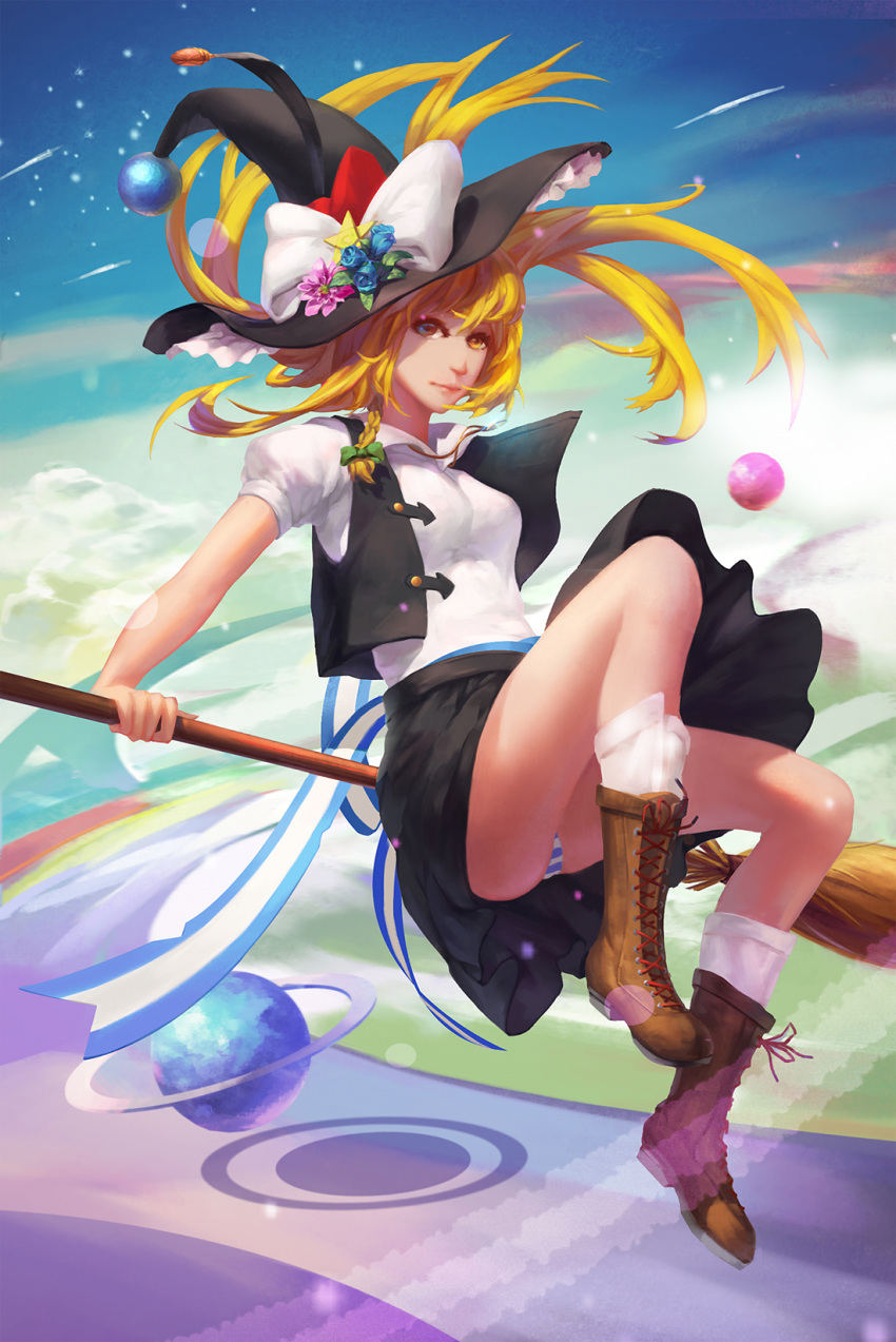 1girl adapted_costume alternate_costume blonde_hair boots bow braid broom cross-laced_footwear flying full_body hair_bow hair_ornament hat hat_ribbon highres kirisame_marisa lace-up_boots long_hair looking_at_viewer panties pantyshot polskash puffy_sleeves ribbon shirt short_sleeves side_braid single_braid skirt smile solo striped striped_panties touhou underwear vest witch_hat yellow_eyes