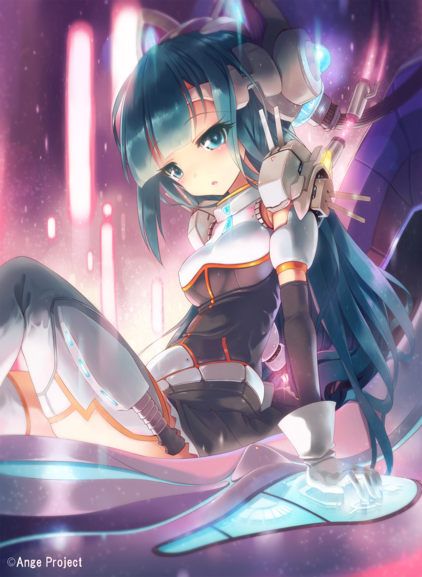 1girl android cable control_panel_overlay detached_sleeves dress gloves green_eyes green_hair headgear highres kankurou knife light long_hair original science_fiction sheath sheathed sitting solo thigh-highs