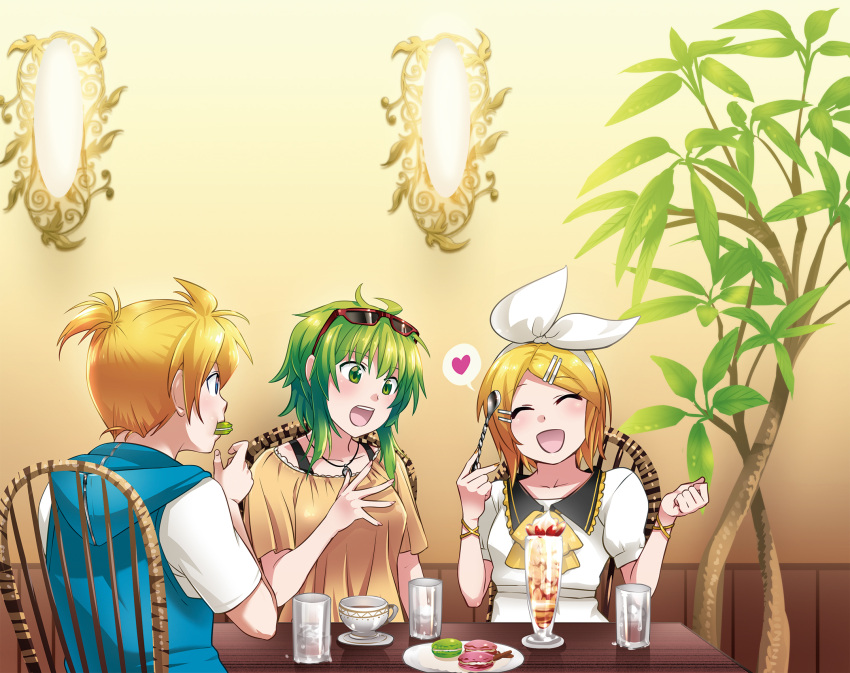 1boy 2girls blonde_hair blue_eyes brother_and_sister caffein chair closed_eyes drink eating food green_eyes green_hair gumi hair_ornament hair_ribbon hairclip heart highres ice_cream jewelry kagamine_len kagamine_rin macaron multiple_girls necklace restaurant ribbon short_hair siblings sitting smile snack spoken_heart spoon sundae sunglasses sunglasses_on_head table twins vocaloid