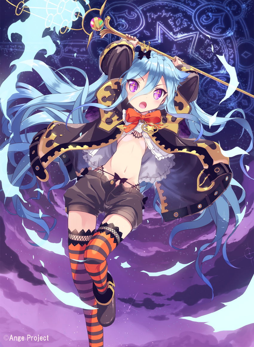 1girl arms_up bikini_top blue_hair boots coat glowing highres kankurou long_hair magic magic_circle navel open_mouth original shorts solo sparkling_eyes staff striped striped_legwear thigh-highs unbuttoned very_long_hair violet_eyes weapon wind_lift