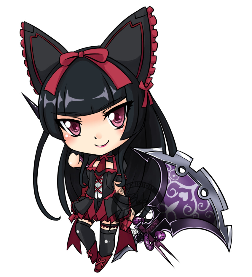 1girl black_hair blackgeneride bow chibi full_body gate_-_jieitai_ka_no_chi_nite_kaku_tatakaeri gothic_lolita halberd highres lolita_fashion pink_eyes polearm red_bow rory_mercury signature simple_background smile solo thigh-highs weapon white_background