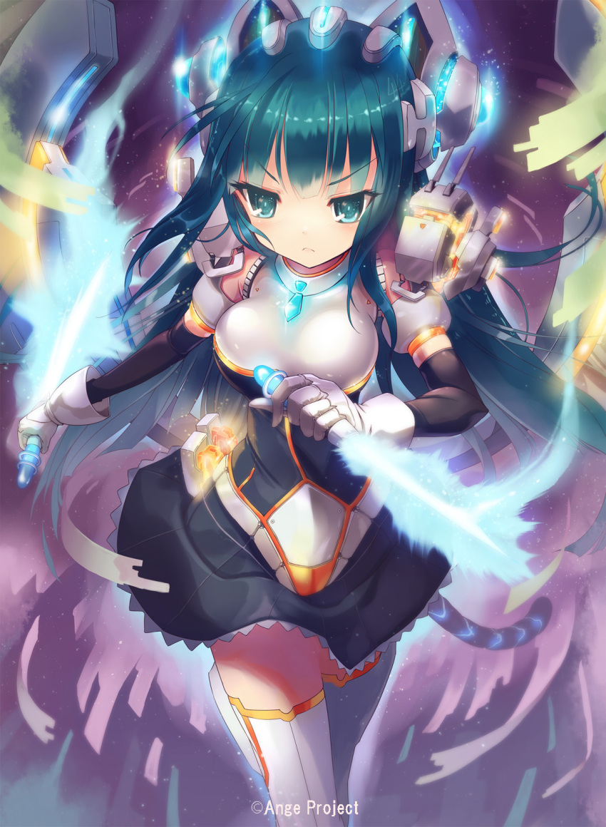 1girl android breasts detached_sleeves dress dual_wielding fighting_stance frown gloves glowing green_eyes green_hair headgear highres kankurou knife long_hair magic original science_fiction solo tail thigh-highs very_long_hair