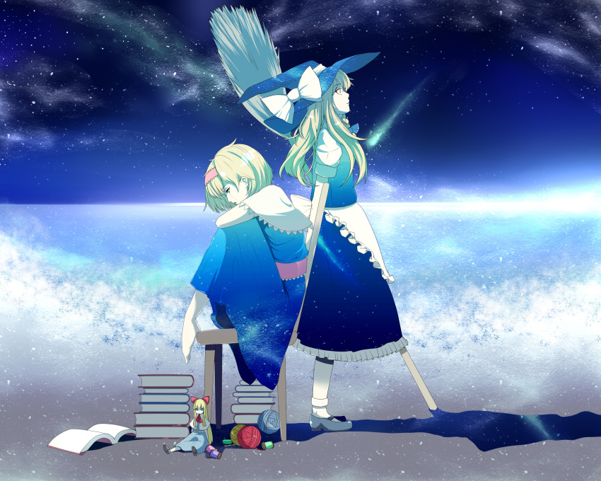 2girls alice_margatroid apron bangs barefoot beach black_dress blonde_hair blue_dress blue_eyes book book_stack bow braid broom capelet chair clouds crying dress empty_eyes expressionless frilled_apron frilled_dress frills hair_bow hair_over_shoulder hairband hat hat_bow highres horizon hybrid_(artist) kirisame_marisa leg_hug long_hair looking_down looking_up multiple_girls needle night night_sky ocean open_book parted_lips puffy_short_sleeves puffy_sleeves reflection sand shanghai_doll shooting_star short_hair short_sleeves single_braid sitting sky space standing star_(sky) starry_sky surreal teardrop thread touhou water witch_hat yarnball yellow_eyes