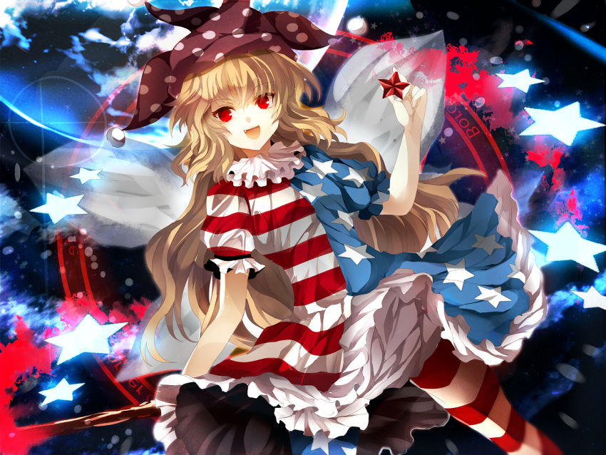 1girl american_flag_shirt blonde_hair clownpiece fairy fairy_wings fang full_moon hat jester_cap long_hair looking_at_viewer mismatched_legwear moon open_mouth red_eyes slit_pupils solo star striped torch touhou wings yen_(ibukinari)