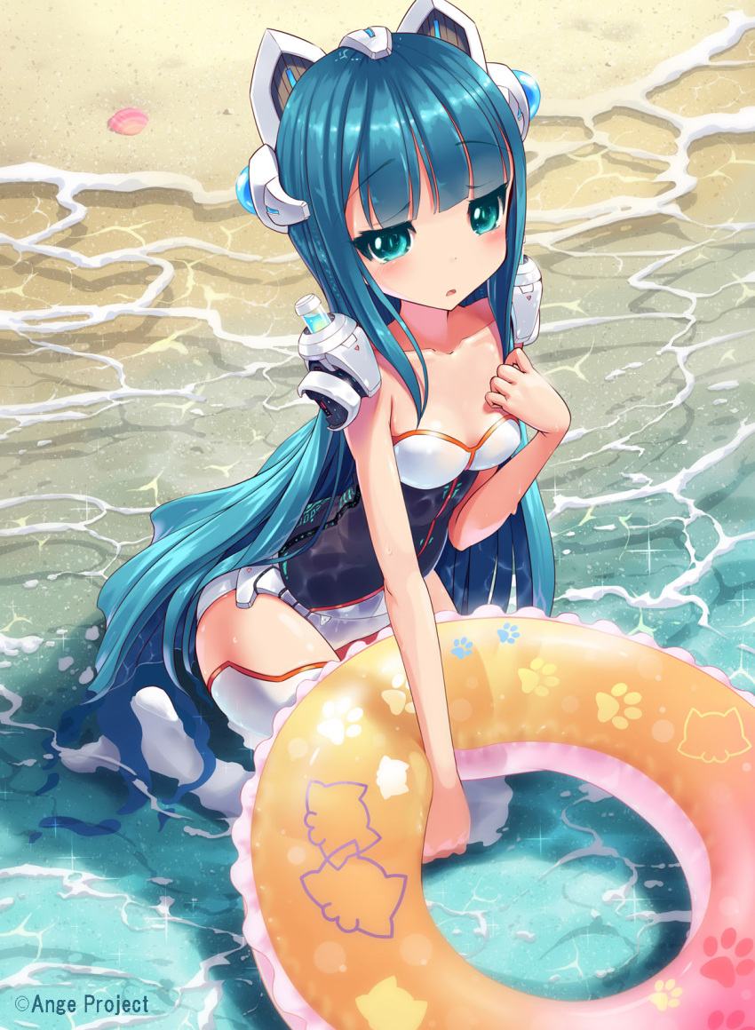 1girl android bare_shoulders beach blue_eyes blue_hair blush collarbone headgear highres innertube kankurou long_hair looking_at_viewer ocean one-piece_swimsuit original partially_submerged sitting small_breasts solo swimsuit thigh-highs very_long_hair water