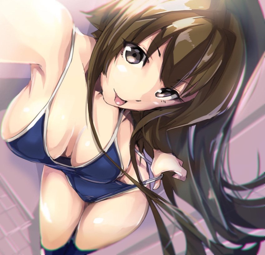 1girl armadillo-tokage bare_shoulders bikini_pull breasts breasts_apart brown_eyes brown_hair competition_school_swimsuit downblouse from_above highres kantai_collection long_hair looking_at_viewer one-piece_swimsuit self_shot solo swimsuit tongue tongue_out very_long_hair yamato_(kantai_collection)
