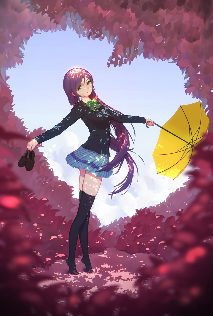 1girl black_legwear bow full_body green_eyes highres holding leaf long_hair long_sleeves looking_at_viewer love_live!_school_idol_project maredoro outdoors pleated_skirt purple_hair school_uniform shoes_removed skirt sky smile solo thigh-highs tiptoes toujou_nozomi twintails umbrella very_long_hair zettai_ryouiki