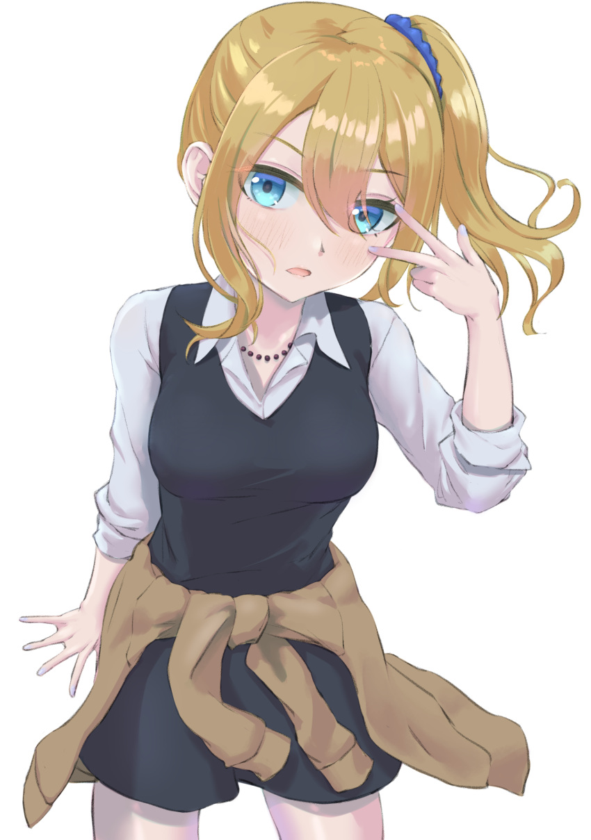 1girl absurdres arm_at_side black_dress blonde_hair blue_eyes blush clothes_around_waist collared_shirt contrapposto cowboy_shot dress hair_between_eyes hayasaka_ai highres jewelry kaguya-sama_wa_kokurasetai_~tensai-tachi_no_renai_zunousen~ looking_at_viewer nail_polish necklace open_mouth pearl_necklace shirt sleeves_rolled_up solo sweater sweater_around_waist tan_sweater umirororo v white_background white_shirt