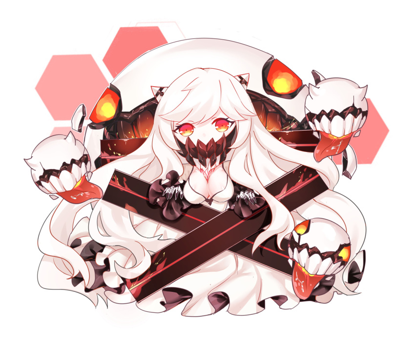 1girl absurdres breasts chibi cleavage covered_mouth dress enemy_aircraft_(kantai_collection) fm highres horns kantai_collection long_hair midway_hime pale_skin shinkaisei-kan solo very_long_hair white_dress white_hair white_skin