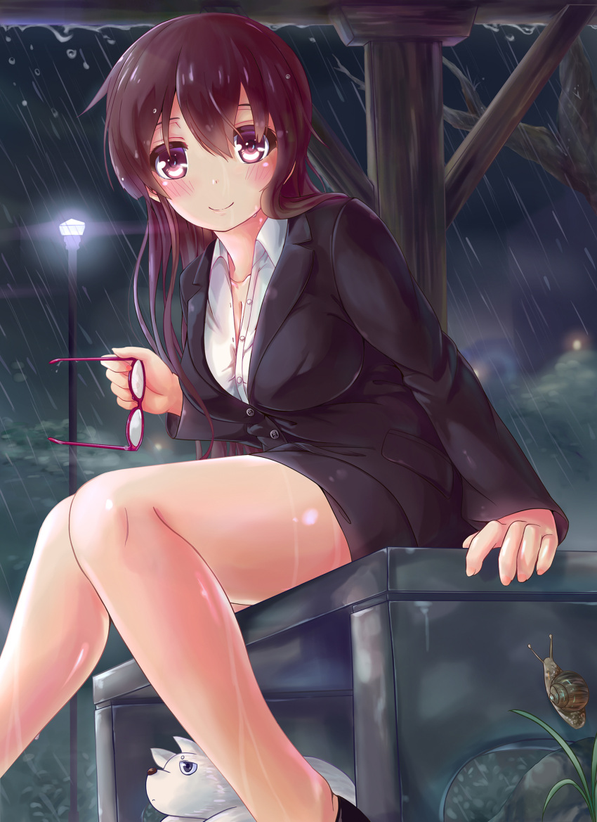 1girl artist_request barefoot blush breasts brown_hair business_suit cleavage dog female glasses glasses_removed highres long_hair no_socks office_lady open_clothes open_shirt original rain shirt snail solo wet