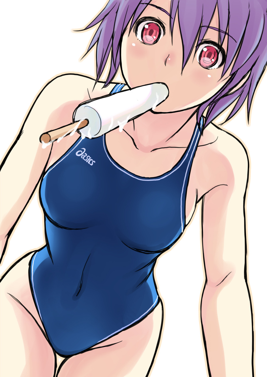 1girl asics competition_swimsuit highres kuri_(kurigohan) looking_at_viewer mouth_hold one-piece_swimsuit original popsicle purple_hair red_eyes short_hair swimsuit